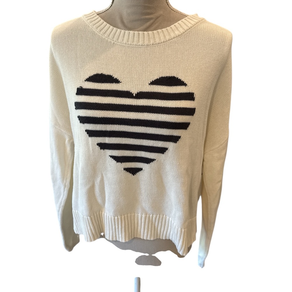 Z Supply Cream Crewneck Sweater with Black Striped Heart